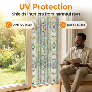 Detailed scene showing 3D embossed stained glass window film with vibrant floral patterns installed.