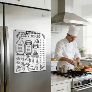 Stainless steel kitchen conversion chart magnet for refrigerator, helpful cooking tool.