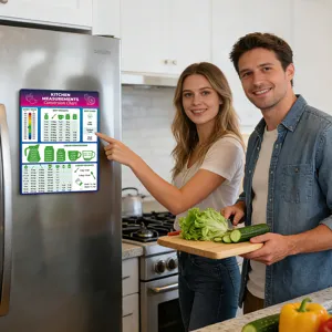 Kitchen conversion chart magnet detail scene showing measurements on stainless fridge.