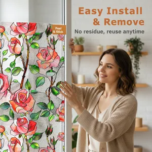 3D embossed stained glass window film with vintage red rose floral pattern for home decor privacy