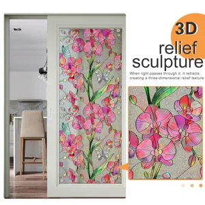 3D relief orchid butterfly glass window sticker film, static cling home decor detail view.