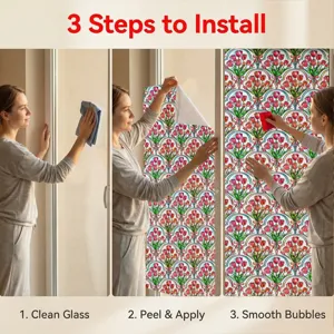 Step-by-step installation guide showing 3D tulip stained glass window film application.