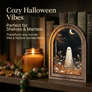 Halloween arched wooden photo frame with ghost art, cozy rustic holiday shelf decor item.