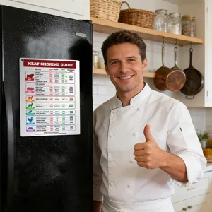 Metal meat smoking guide magnet for kitchen, cooking temperature chart refrigerator sticker.