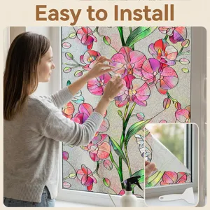 Colorful 3D embossed floral static window film for home decoration and privacy glass protection.