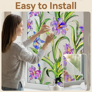 3D embossed floral static window film detail showing easy installation and vibrant iris pattern.