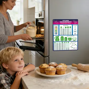 Kitchen measurement conversion chart magnet for refrigerator, metal cooking reference tool.