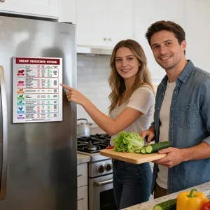 Magnetic meat smoking guide chart for kitchen refrigerator, metal cooking temperature sign.