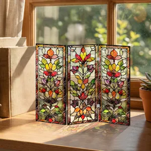 Mini paravent pliant en acrylique translucide pour bureau style vitrail floral.