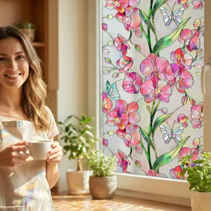 Colorful orchid butterfly 3d static cling window film privacy stained glass sticker decor