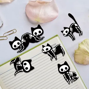 Cute black and white skeleton cat magnetic bookmarks for reading fun and page marking.