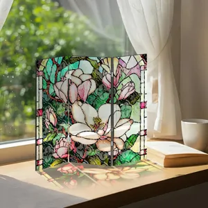 Mini paravent pliant en acrylique pour décoration de bureau avec motif floral délicat.