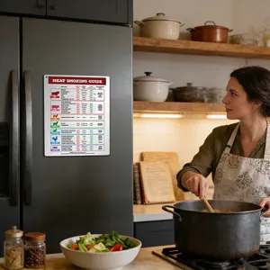 Detailed close-up view of the meat smoking guide magnet attached to a kitchen refrigerator.