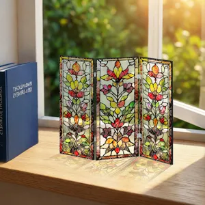 Mini paravent pliable en acrylique avec motif floral de begonia, detail deco de bureau translucide.