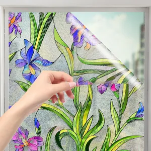 3D embossed floral static window film detail showing vibrant iris stained glass design.