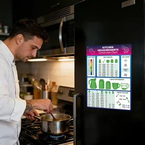 Detailed kitchen conversion chart magnet featuring oven temperatures, weights, and liquid measures.
