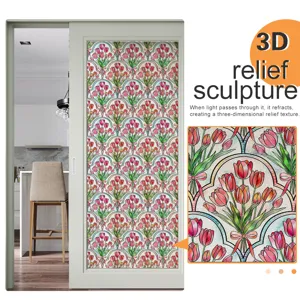 Detail view of 3d relief tulip glass window film showing light refraction and texture.