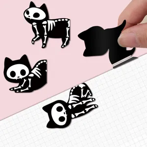 Cute black white skeleton cat magnetic bookmark for reading, creative book page marker.