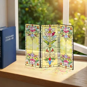 Mini paravent pliant acrylique translucide décoration de bureau motif vitrail floral vintage