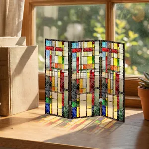 Mini schermo pieghevole in acrilico stile vetrata colorata per decorazione da scrivania.