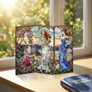 Mini paravent pliants en acrylique style vitrail avec des motifs d'art floral vintage.
