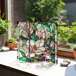 Mini paravent pliant en acrylique style vitrail décoration de table avec motif floral lumineux.