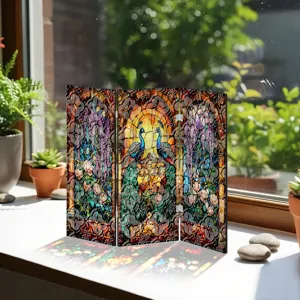 Mini paravent pliant en acrylique translucide de table avec motif de paon en vitrail.
