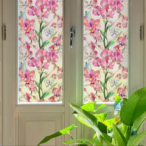 3D floral static window glass film, orchid and butterfly pattern, decorative home window sticker.