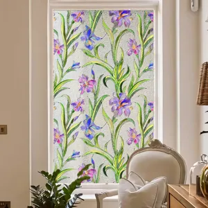 Decorative frosted window film with colorful iris flowers design for home glass privacy.