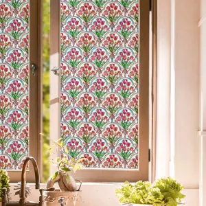 Static cling window film with vintage tulip floral stained glass design for home decor detail.