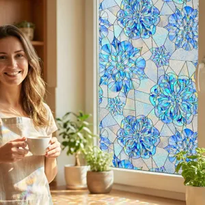 Blue floral 3D embossed static cling window film detail showing stained glass effect for home decor.