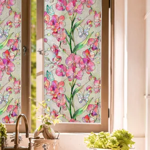3D embossed floral window privacy film electrostatic glass sticker for home decor.
