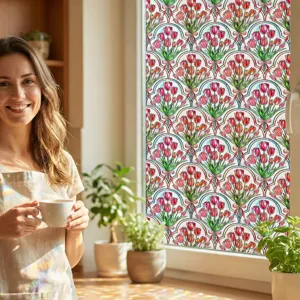 Tulip stained glass window film 3D embossed static cling window sticker for home decor detail
