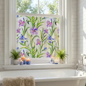 Close-up detail of 3D embossed floral window privacy film installed on bathroom glass.