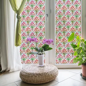 Detailed view of 3D embossed tulip window film installed on glass for home decor.