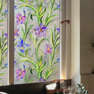 Decorative window film with 3D purple iris pattern, static cling privacy glass sticker for home decor.