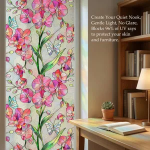 Detail shot of 3D embossed orchid glass window film, decorative privacy sticker for home