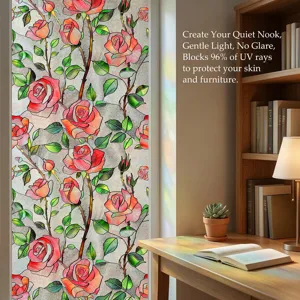 Decorative rose window film for home privacy, static cling 3d glass sticker, UV blocking.