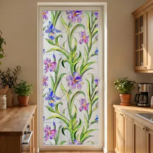 Detailed view of 3D embossed stained glass window film with purple iris flower patterns for home decor.