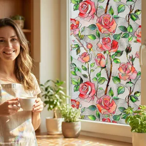 3D embossed rose stained glass window film, static cling privacy decorative sticker for home.