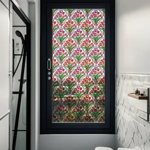 Detailed view of colourful tulip stained glass window film, static cling privacy sticker.
