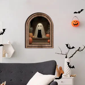 Detailansicht des Halloween-Geist-Wandaufklebers mit rustikalem Holzrahmen und schwarzer Katze Deko.