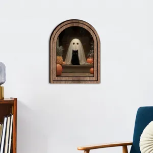 Halloween 3D Holz Wandbild Rustikaler Geist Schwarze Katze Bogen Bilderrahmen Festliche Deko
