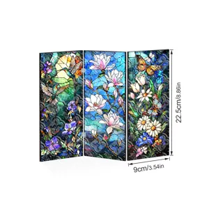 Mini paravent pliant en acrylique motif vitrail floral, parfait pour décoration de bureau.