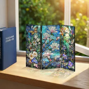 Mini paravent pliant en acrylique translucide decoration de bureau avec motif floral vitrail.