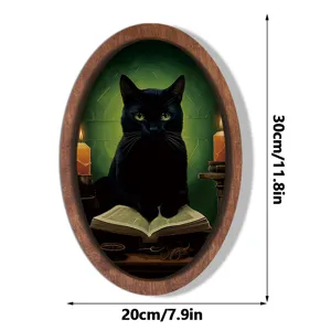 Detail view of the vintage black cat Halloween wooden wall picture frame with size specs.