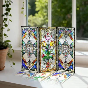 Mini paravent pliant en acrylique translucide decor de bureau style vitrail floral