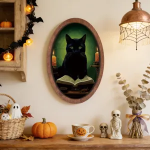 Halloween vintage wooden oval picture frame wall hanging decor featuring black cat reading book.
