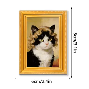 Decorative 3D wooden photo frame fridge magnet with funny vintage cat portrait art.