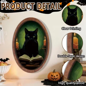 Halloween black cat wooden framed painting vintage 3d hanging sign holiday decor wall sticker